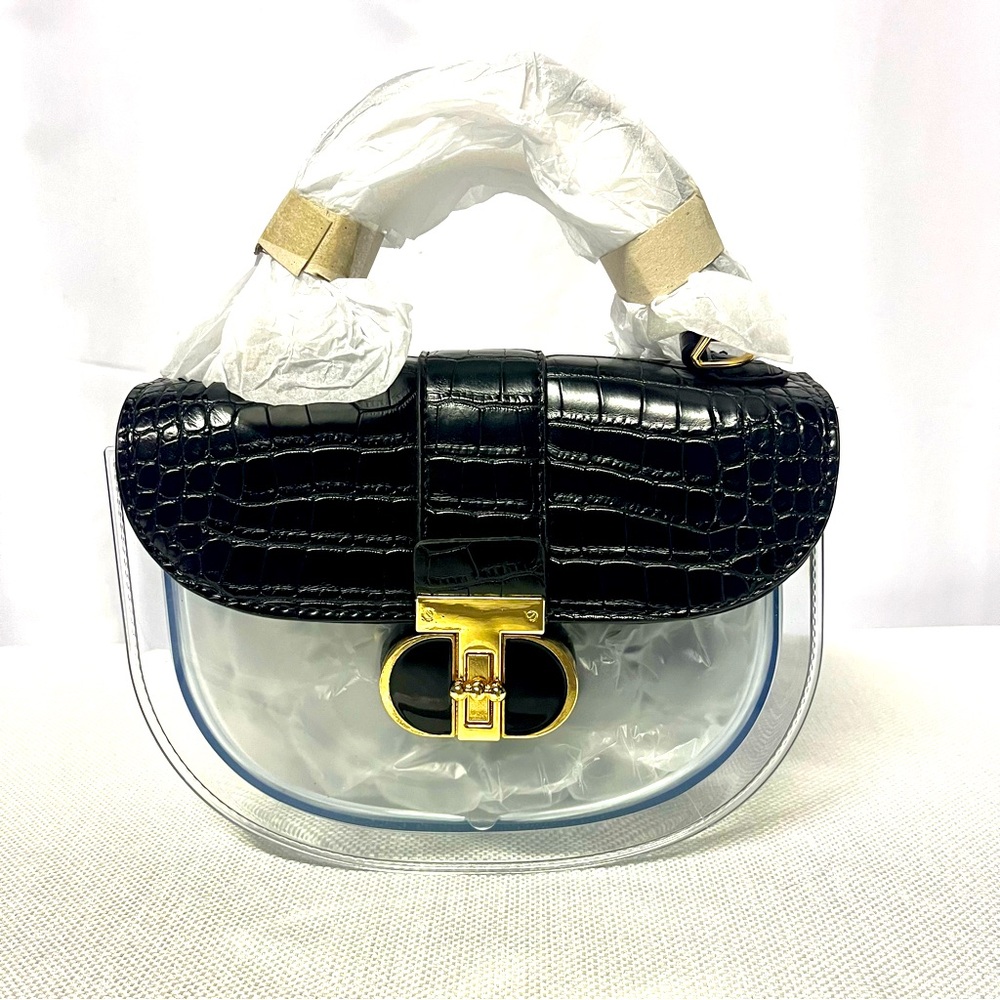 Clear Crossbody with Black Croc-embossed  Accents and Gold Turn Lock - New - Picture 3 of 10